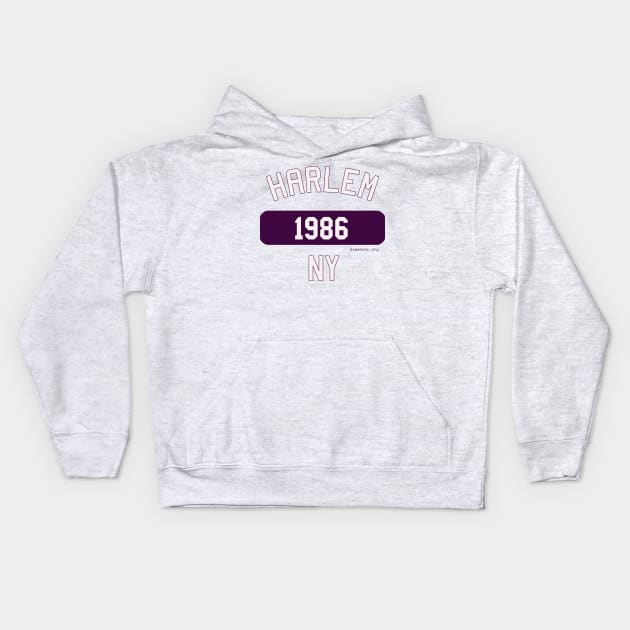 Harlem NY 1986 (Purple/White) Kids Hoodie by The Bowen Center